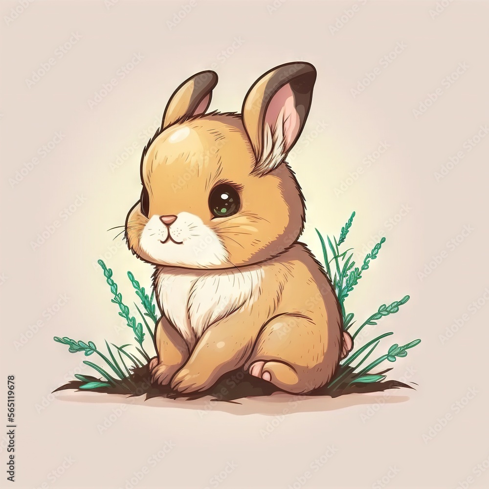 Poster a small rabbit sitting in the grass with a cute face on it's face and ears, with a light background 