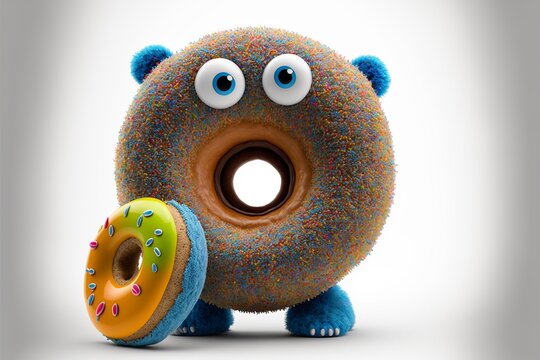Cartoon Donut mit Donut M&auml;nnchen lustig Dargestellt in bunten Farben, ai generativ
