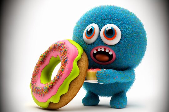 Cartoon Donut mit Donut M&auml;nnchen lustig Dargestellt in bunten Farben, ai generativ