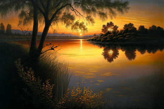a golden sunset over a beautiful lake landscape generative ai