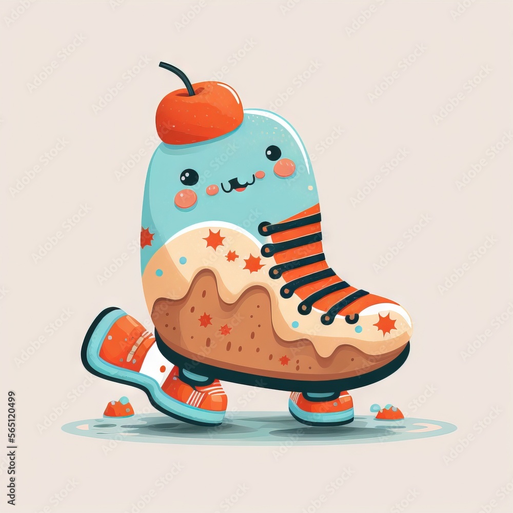Poster a cartoon character is riding a skateboard with a piece of cake on it's side and a cherry on top of 