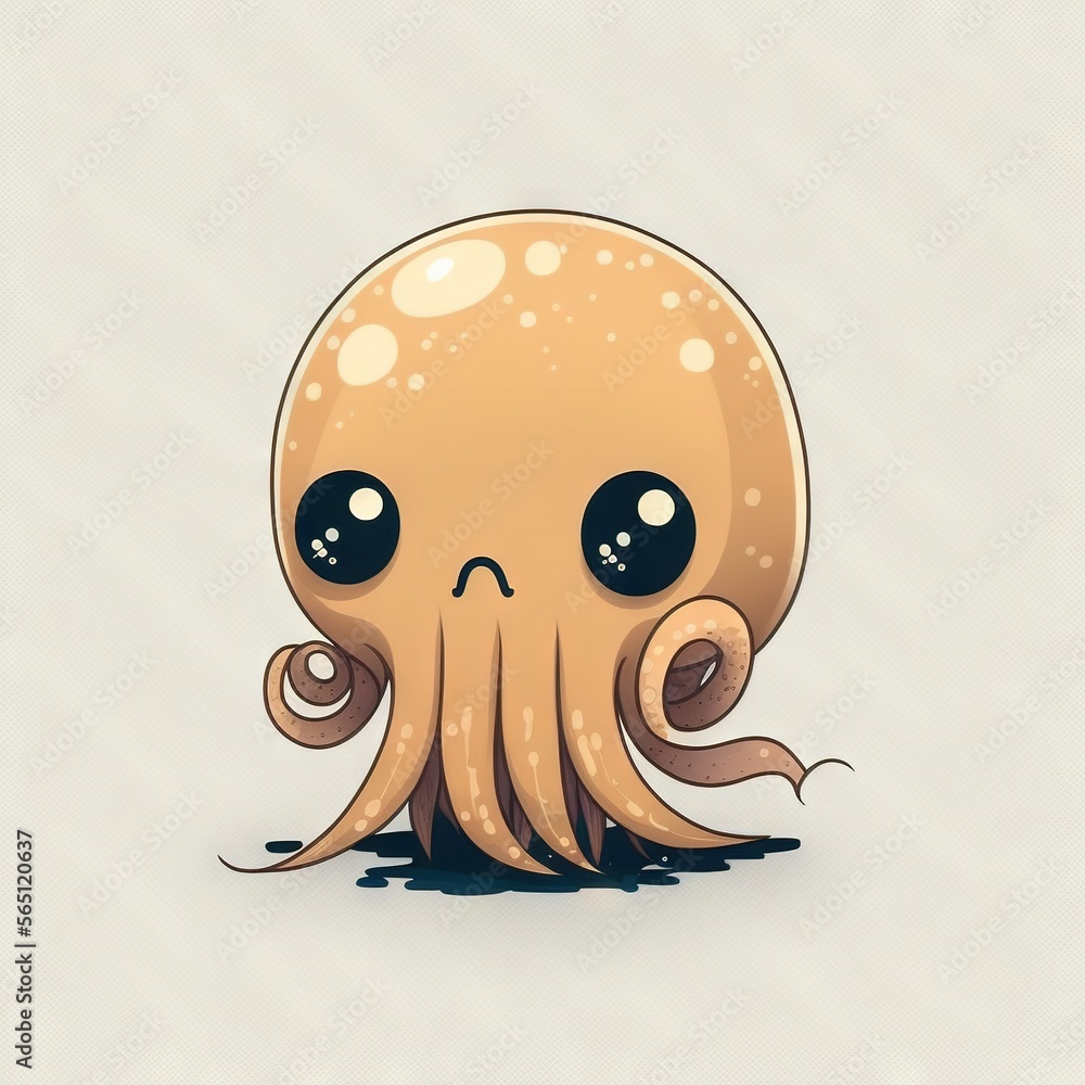 Poster an octopus with a sad face and eyes on it's head, with a white background and a gray background with