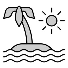 Desert island with a palm tree in the middle of the ocean, waves and sun  - icon, illustration on white background, grey style