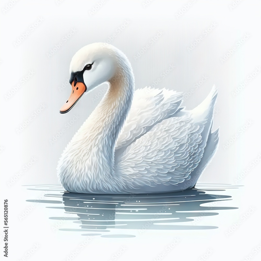 Poster a white swan floating on top of a body of water with a orange beak and orange beak, with a white bac