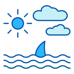 Sea, ocean landscape, shark fin peeking out of the water  - icon, illustration on white background, similar style
