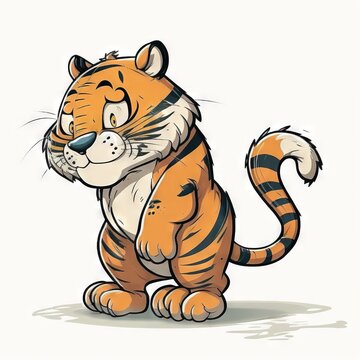 recommend clip art:  a cartoon tiger with a sad look on its face and tail, sitting down and looking at the viewer with a concerned look on his face, with a white background, with a white.  generative ai