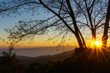 Silhouette sunrise landscape. Sanpa kia, Doi maetaman, Chiangdao District, Chiangmai Province, Thailand.