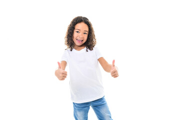 Adorable black little girl with beautiful hairstyle isolated over white with thumb up