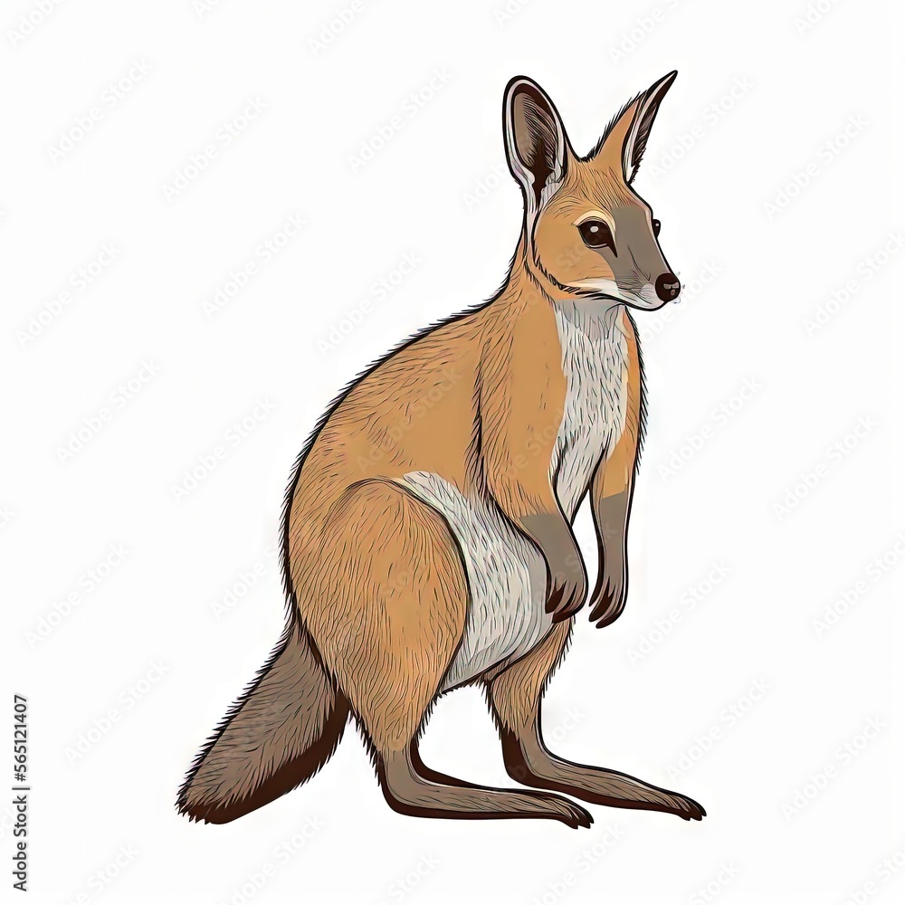 Poster a drawing of a red fox sitting on its hind legs and looking at the camera with a white background an