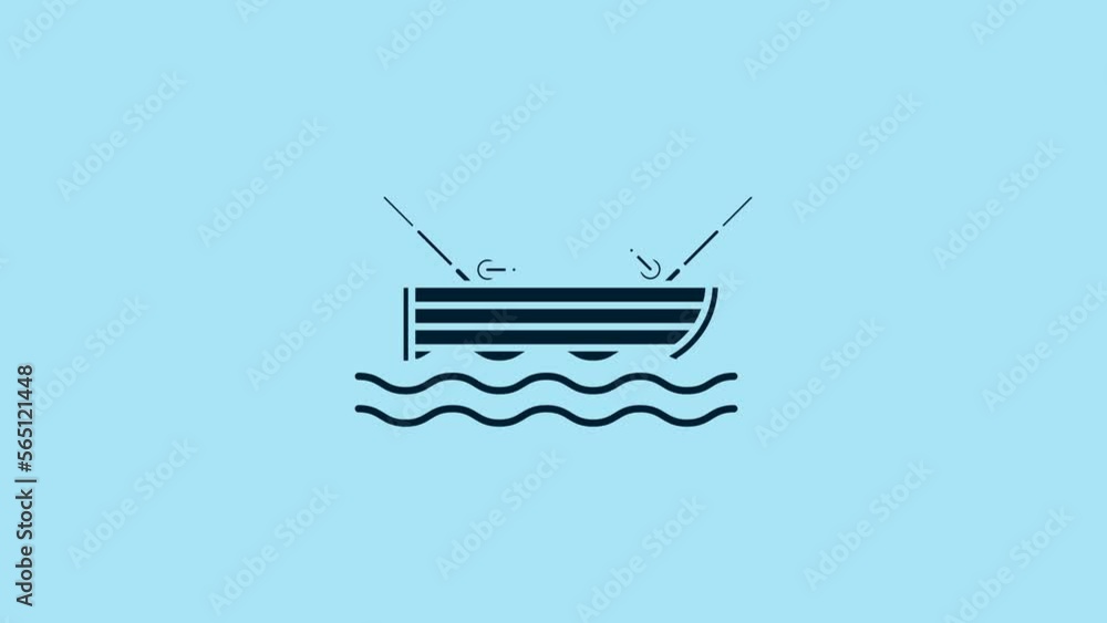 Poster blue fishing boat with fishing rod on water icon isolated on blue background. 4k video motion graphi