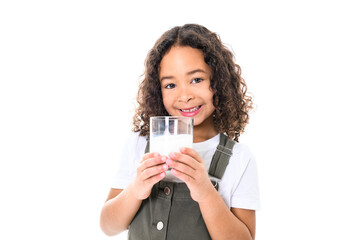 Adorable black little girl with beautiful curly hairstyle isolated over white with milk glass on hand