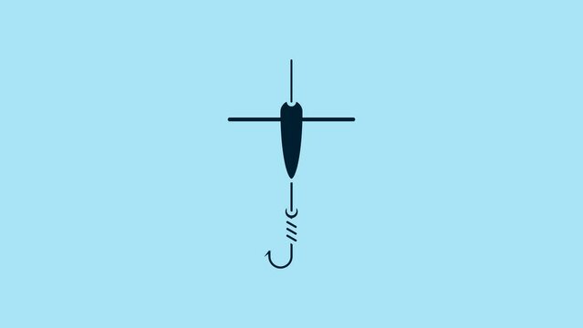 Blue Fishing hook and float icon isolated on blue background. Fishing tackle. 4K Video motion graphic animation