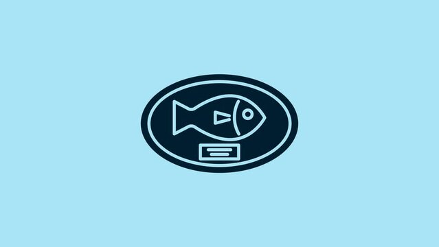 Blue Fish trophy hanging on the board icon isolated on blue background. Fishing trophy on wall. 4K Video motion graphic animation
