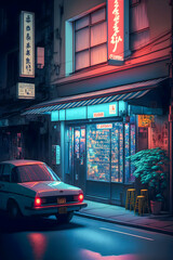 Streets of Tokyo city night, neon lights, hand drawn illustration Generative AI	