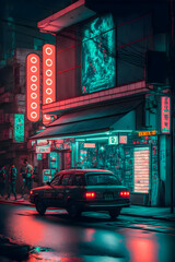 Streets of Tokyo city night, neon lights, hand drawn illustration Generative AI	
