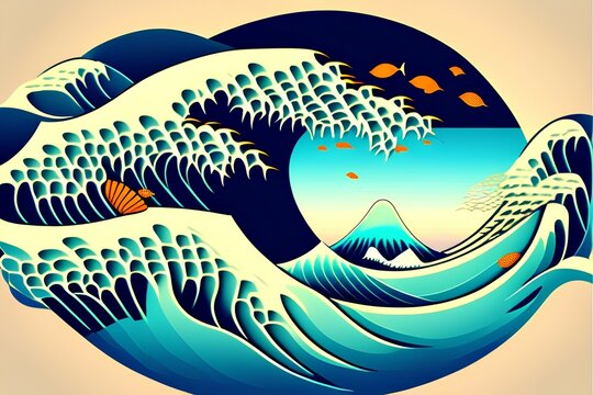 very abstract, vector art, underwater theme, sea animals and plants include, suitable for photo frame, matured art,japanese art woodblock print the great wave style - generative ai