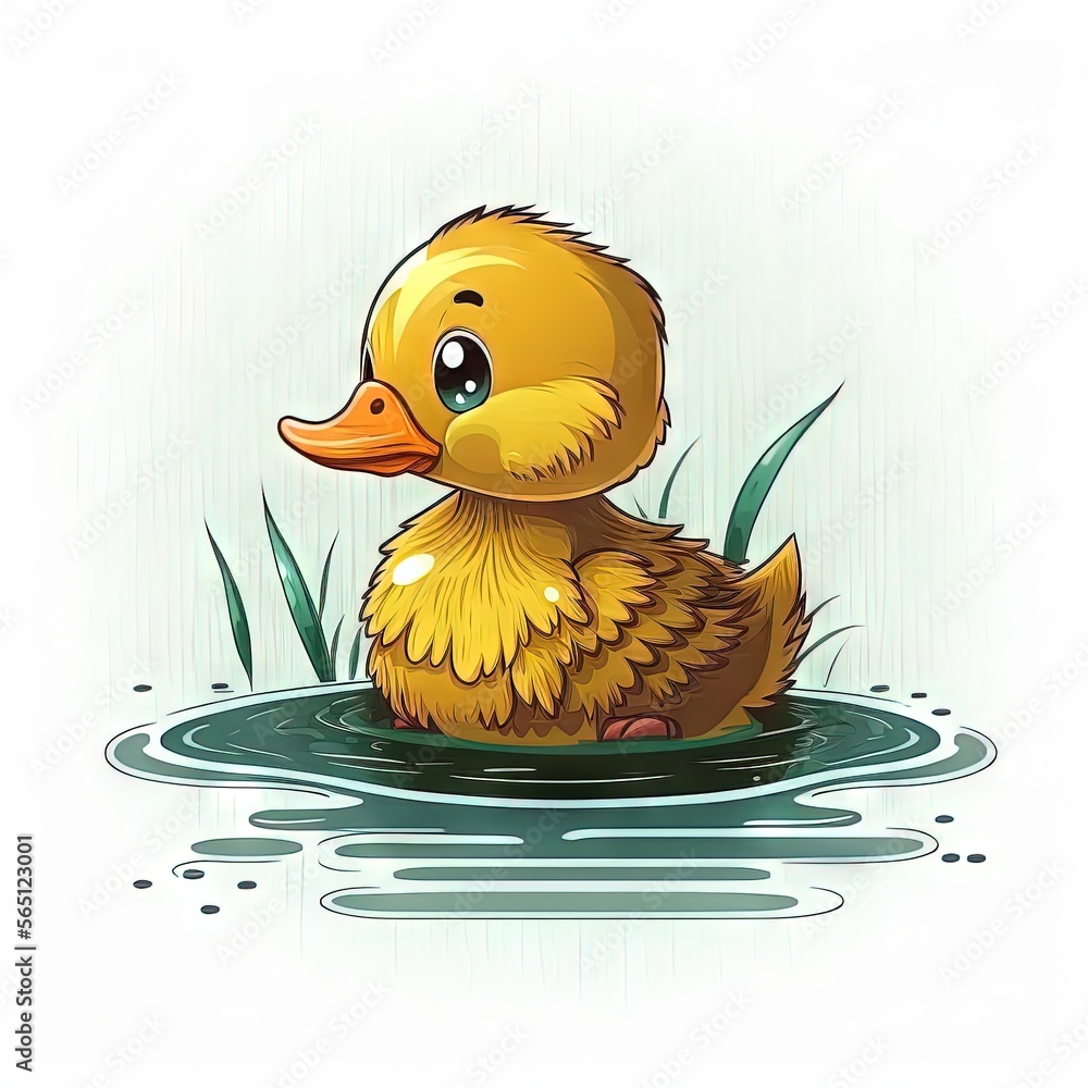 Aufkleber a duckling floating in a pond of water with grass around it's edge and a sad look on its face, with 