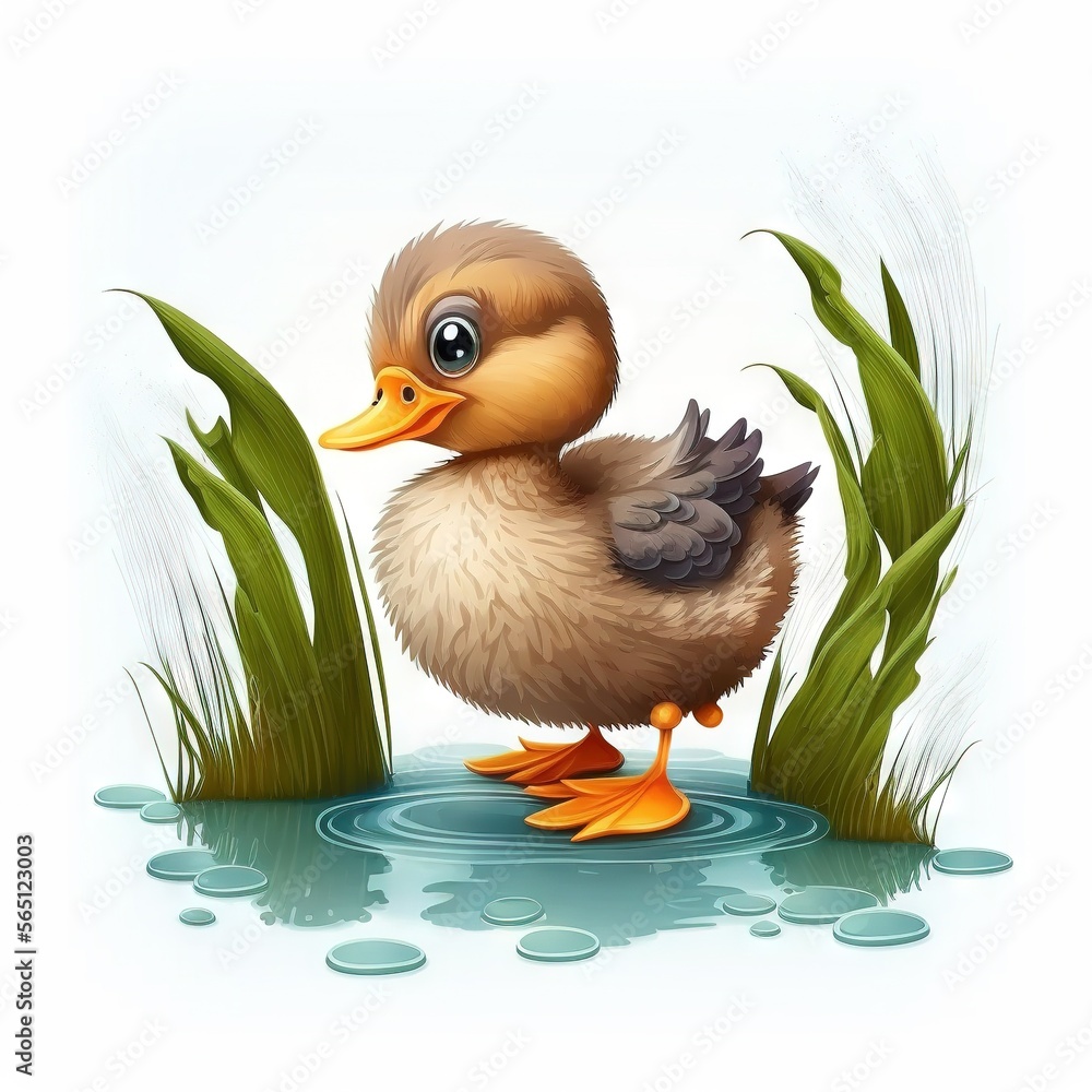 Poster a duck standing in the water near some grass and reeds on a white background with a blue sky and som