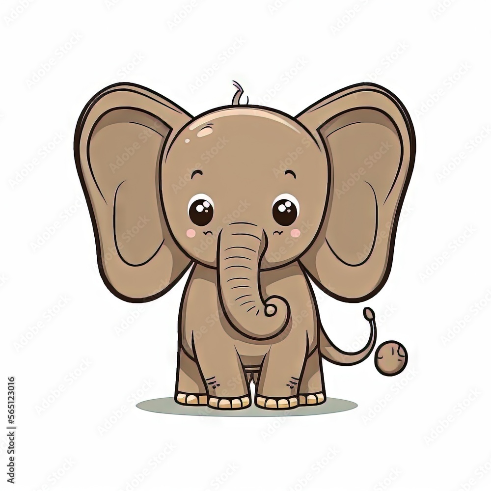 Poster a cartoon elephant with a sad face and a tail, standing in front of a white background with a small 