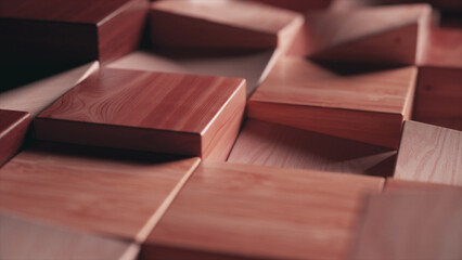 Wooden rectangles of different heights. Pillars. Sanded wood blocks. Red color. Steps. 3d illustration