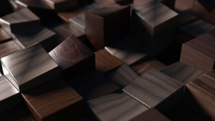 Wooden cube figurines of different heights. Abstraction. Dark tree. Straight and beveled top figures. 3d illustration