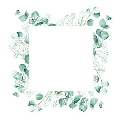 Eucalyptus and gypsophila. Watercolor greenery square frame. Hand drawn botanical illustration. Can be used for logo design, as invitation card for wedding, birthday, anniversary, baby shower