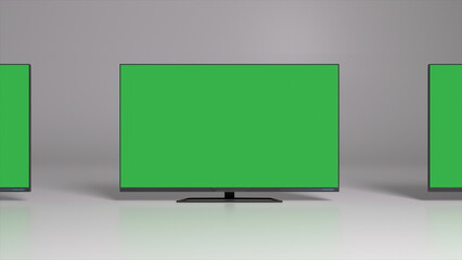 Green background. TV screens with chrome key. Empty space to insert. 3d illustration