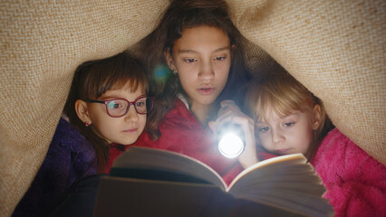 Teen girl and toddler child sisters under blanket plaid covers with flashlight reading interesting...