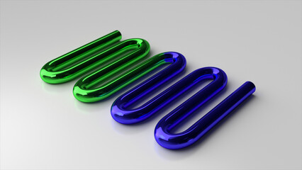 The green curved pipe is filled with blue. Indicator scale. Scientific experiment. Metal. Light background