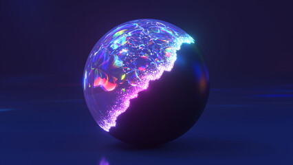 Naklejka na ściany i meble The shiny sphere changes its shell. Under the blue shell, a crystal rainbow ball appears. Blue neon color. Particles.