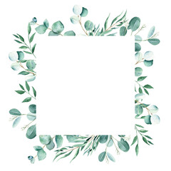 Fototapeta na wymiar Watercolor square frame with eucalyptus and pistachio branches. Hand drawn botanical illustration isolated on white background. Can be used for logo design, as invitation card for wedding, birthday