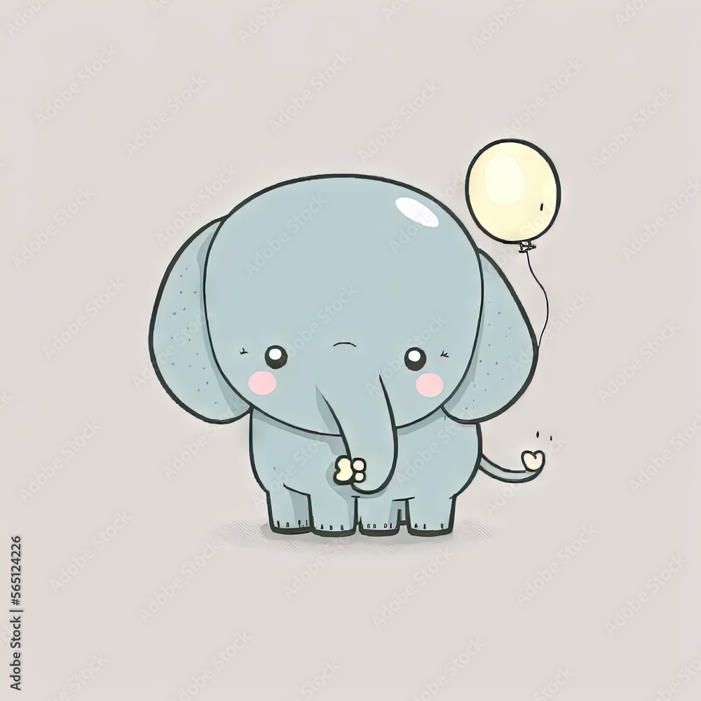 Poster a small elephant holding a balloon in its trunk with a white background and a gray background with a