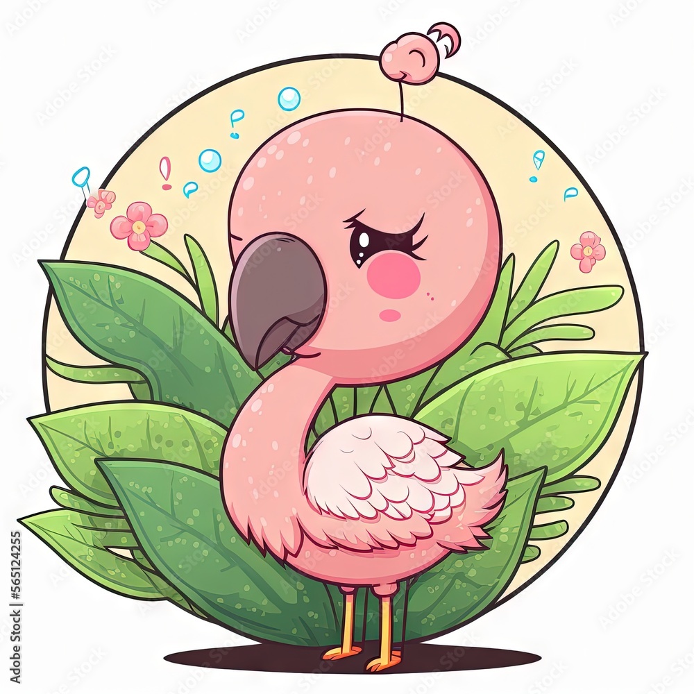 Poster a pink flamingo standing on top of a green leafy plant with a question bubble above it's head on a w