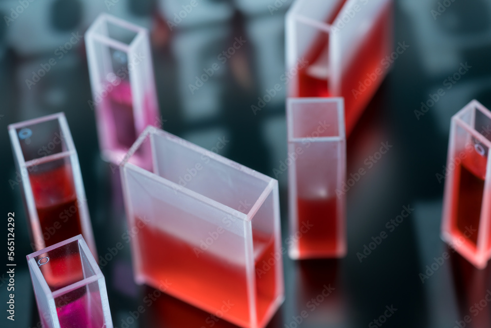 Poster laboratory glass cuvettes for Spectrometric Spectrophotometer analysis of organic liquids