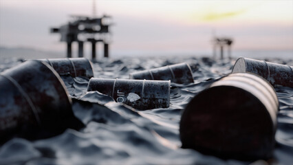 Oil concept. Embargo. Empty oil barrels float in a sea of oill against the backdrop of oil rigs. Ecological catastrophy