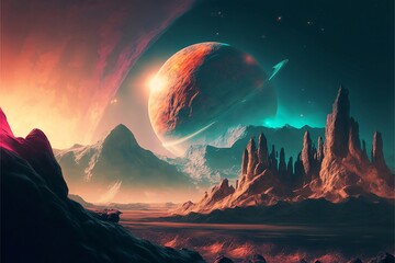 Colorful fantastical planet with mountains like moon Generative AI