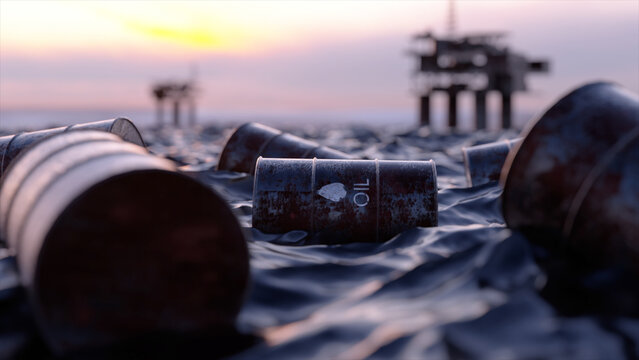 Oil concept. Embargo. Empty oil barrels float in a sea of oill against the backdrop of oil rigs. Ecological catastrophy