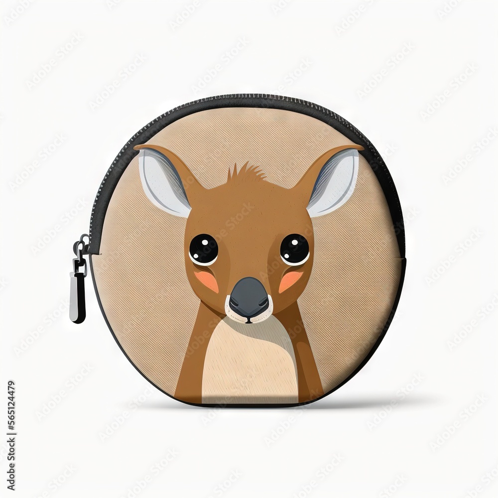 Poster  a small round purse with a deer face on it's side and a zippered closure to the front of the purse, with a zipper and a zipper closure to the front of the pouch.  generative ai