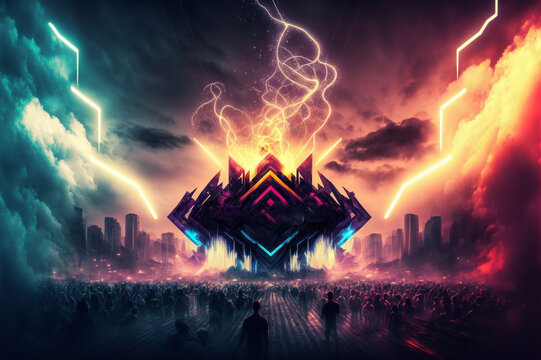 Festival Concept Design. Soundwave. Speaker. Multicolor highlights. Created by Generative AI