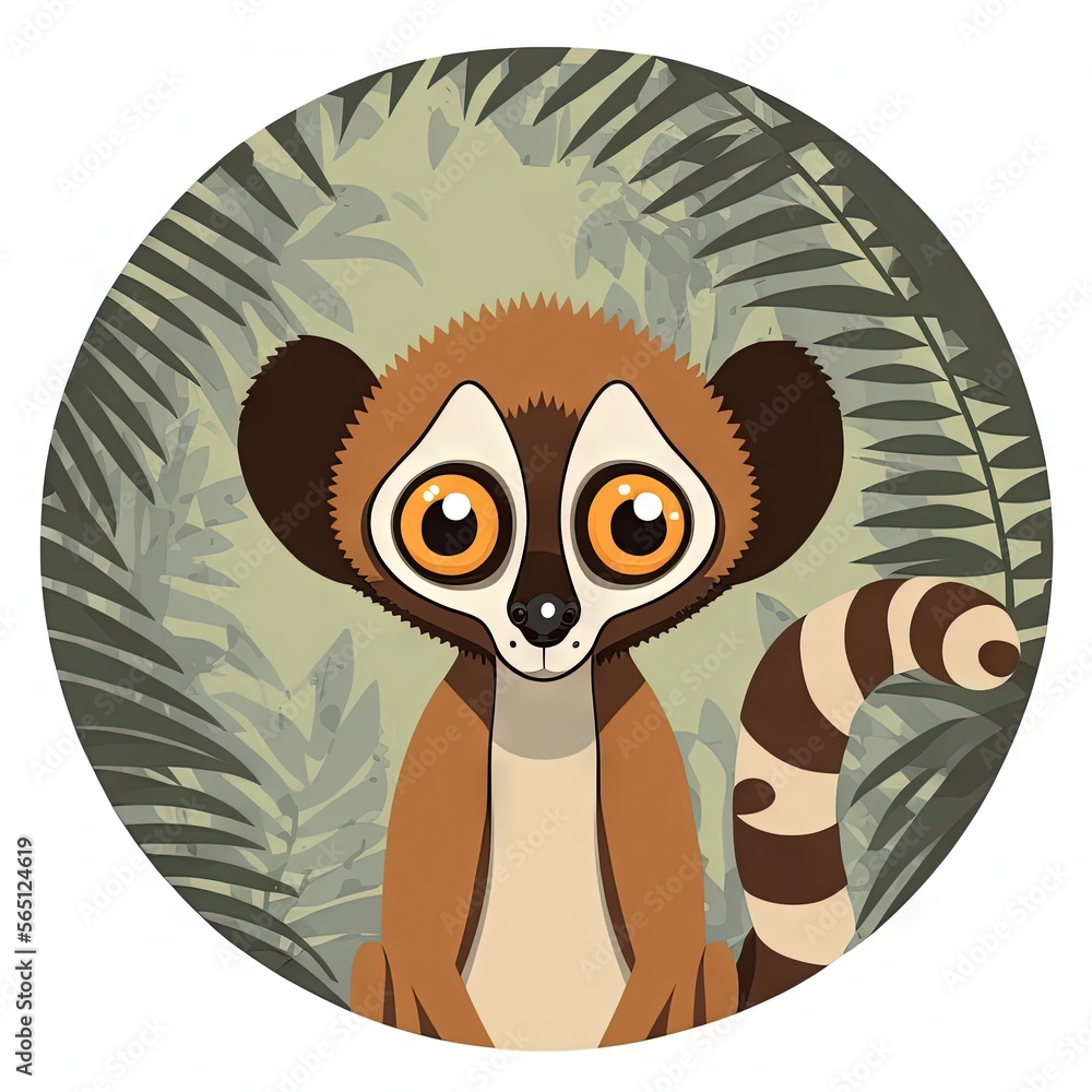 Poster a brown and white animal with big eyes sitting in a jungle setting with leaves around it's edges and