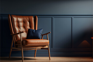 Modern wooden living room armchair with brown leather upholstery with blue pillows, on empty dark blue wall background