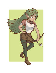 Elfa exploradora de cabello verde domadora con almiraj mascosta