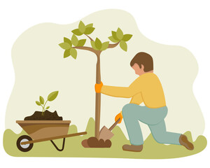 Obraz na płótnie Canvas Gardening, a man is planting a tree. Spring illustration, vector