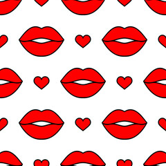 Red lips and hearts. Seamless vector pattern on the white background. Fashion background for modern designs, creatives for Valentine's Day, prints, textiles, fabrics, wallpapers, and wrappings.