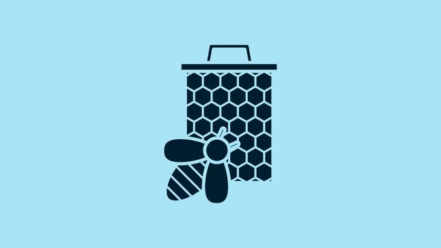 Blue Bee and honeycomb icon isolated on blue background. Honey cells. Sweet natural food. Honeybee or apis with wings symbol. Flying insect. 4K Video motion graphic animation