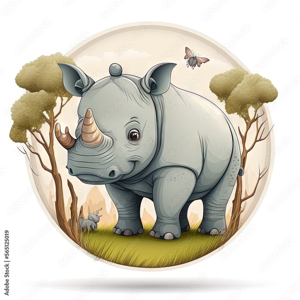 Poster a rhino standing in the middle of a forest with a butterfly flying above it and a tree with a butter