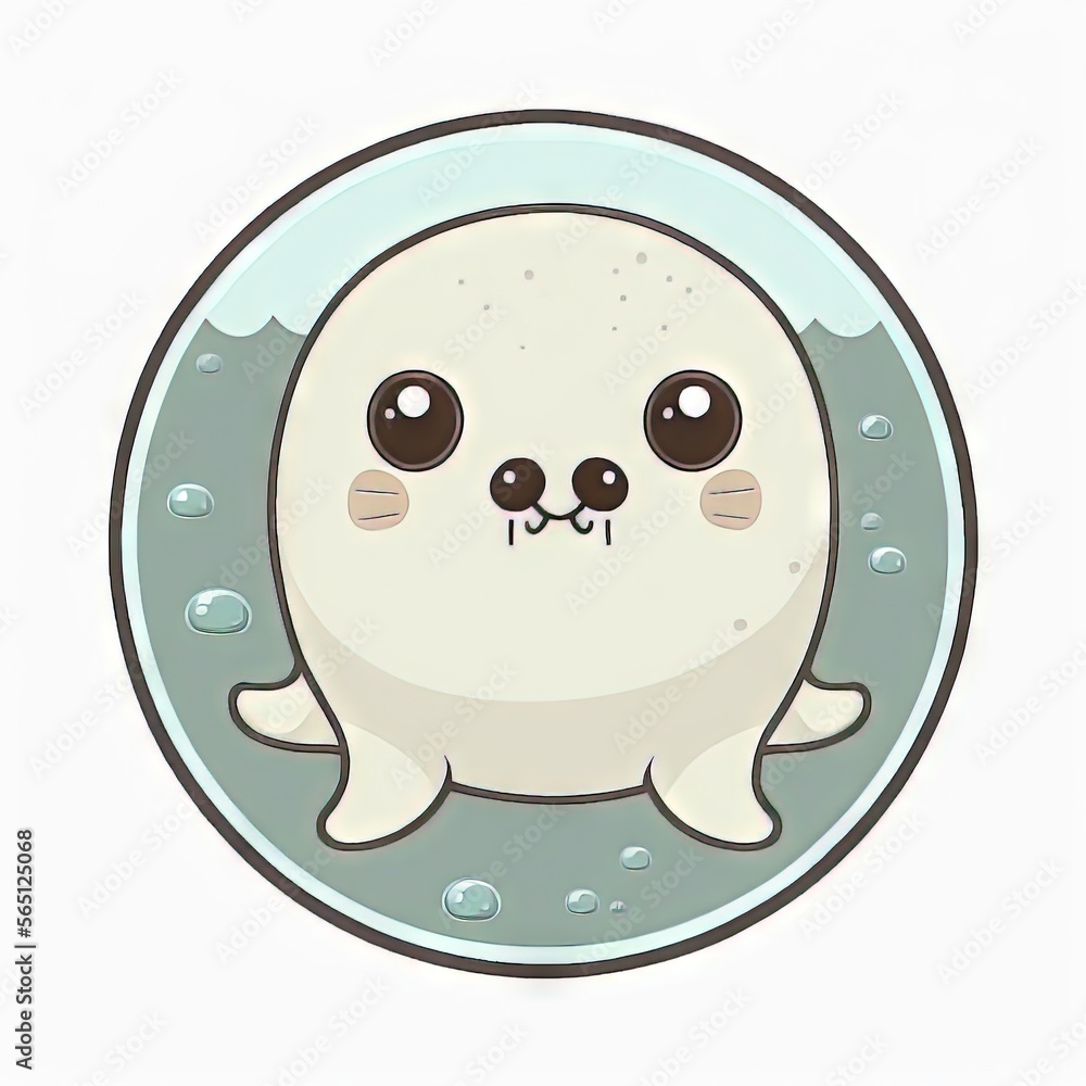 Poster a seal with a sad face and eyes sitting in a bowl of water with bubbles around it, with a bubbley bu
