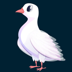 A vector white dove with a purple hue with large dark eyes looking to the side.