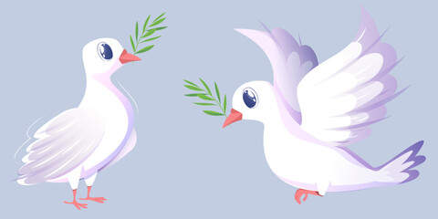 Vector white doves with a purple tint on their wings hold an olive branch in their beaks. One dove soars in the sky, the other dove stands with its wings folded