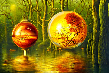 secrecy in a glass globe floating on a woodland